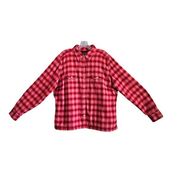 EDDIE BAUER Women's XL Flannel Shirt Fleece Lined Button Up Plaid Red Pink 48" - Picture 1 of 8